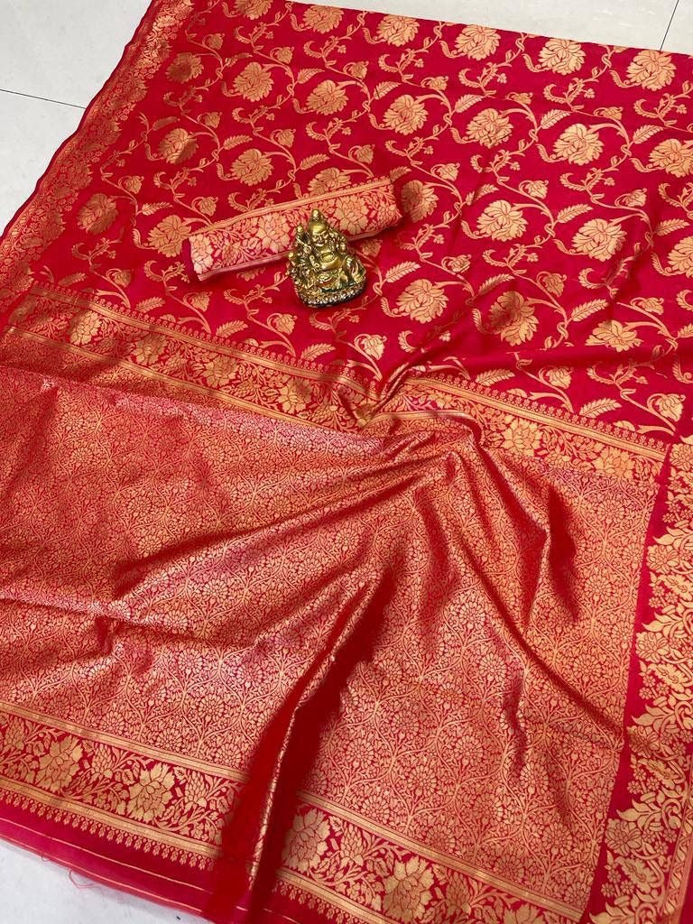 Shantibai – Red Soft Banarasi Silk Saree with Jacquard Weaving