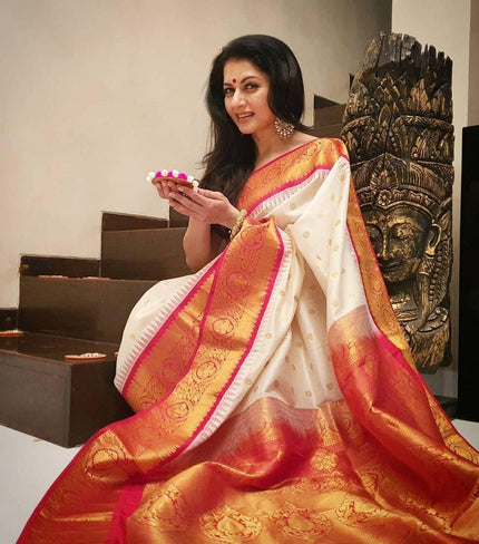 Abhisha – Beige Soft Banarasi Silk Saree with Jacquard Weaving