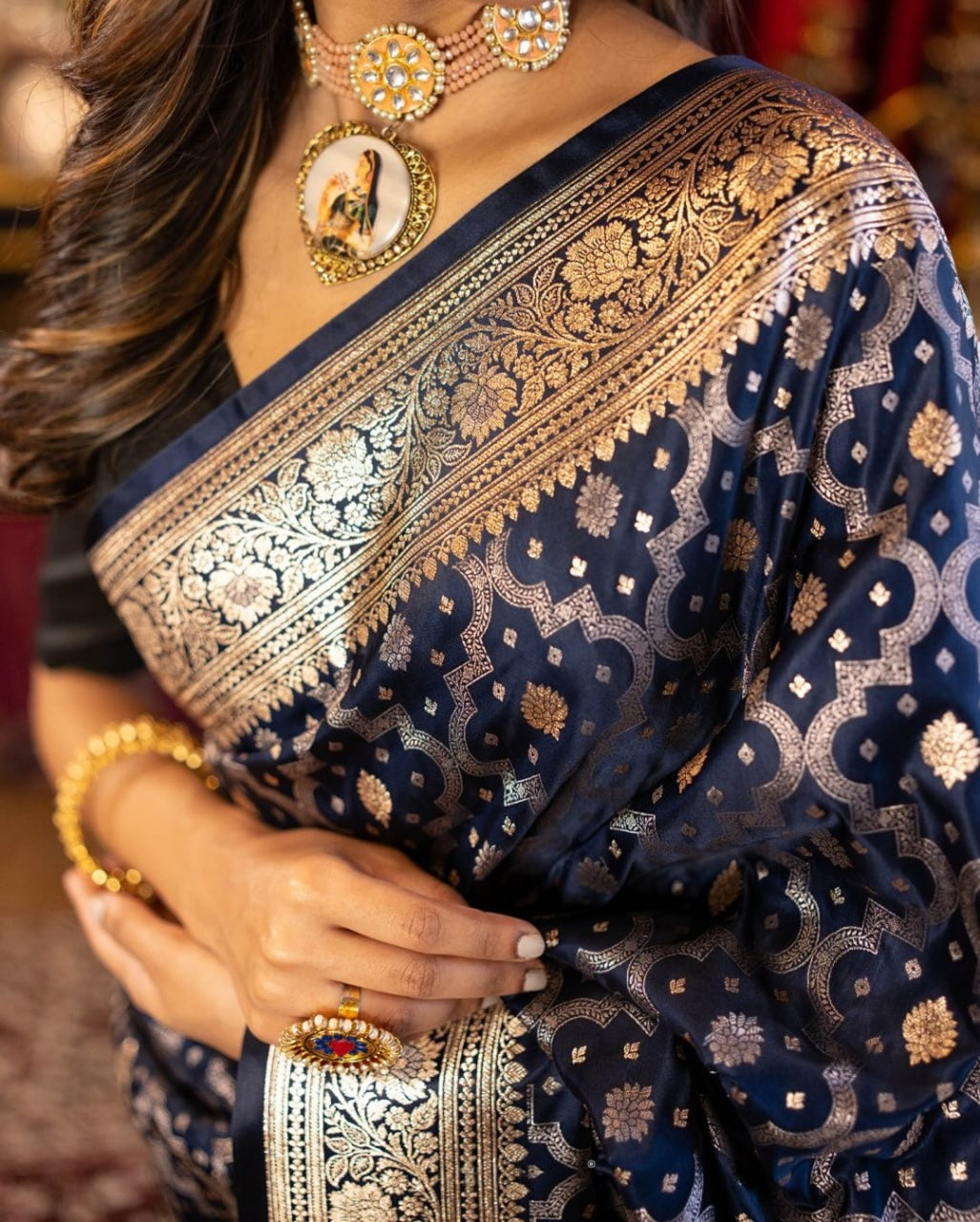 Navy Blue Banarasi Silk Saree with Rich Gold Zari Border