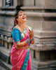 Bhavika - Dark Pink Banarasi Silk Saree with Jacquard Weaving & Firozi Blouse