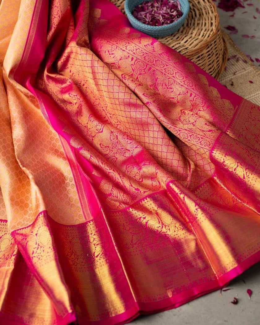 Vrishti - Peach Soft Banarasi Silk Saree with Pink Jacquard Zari Border