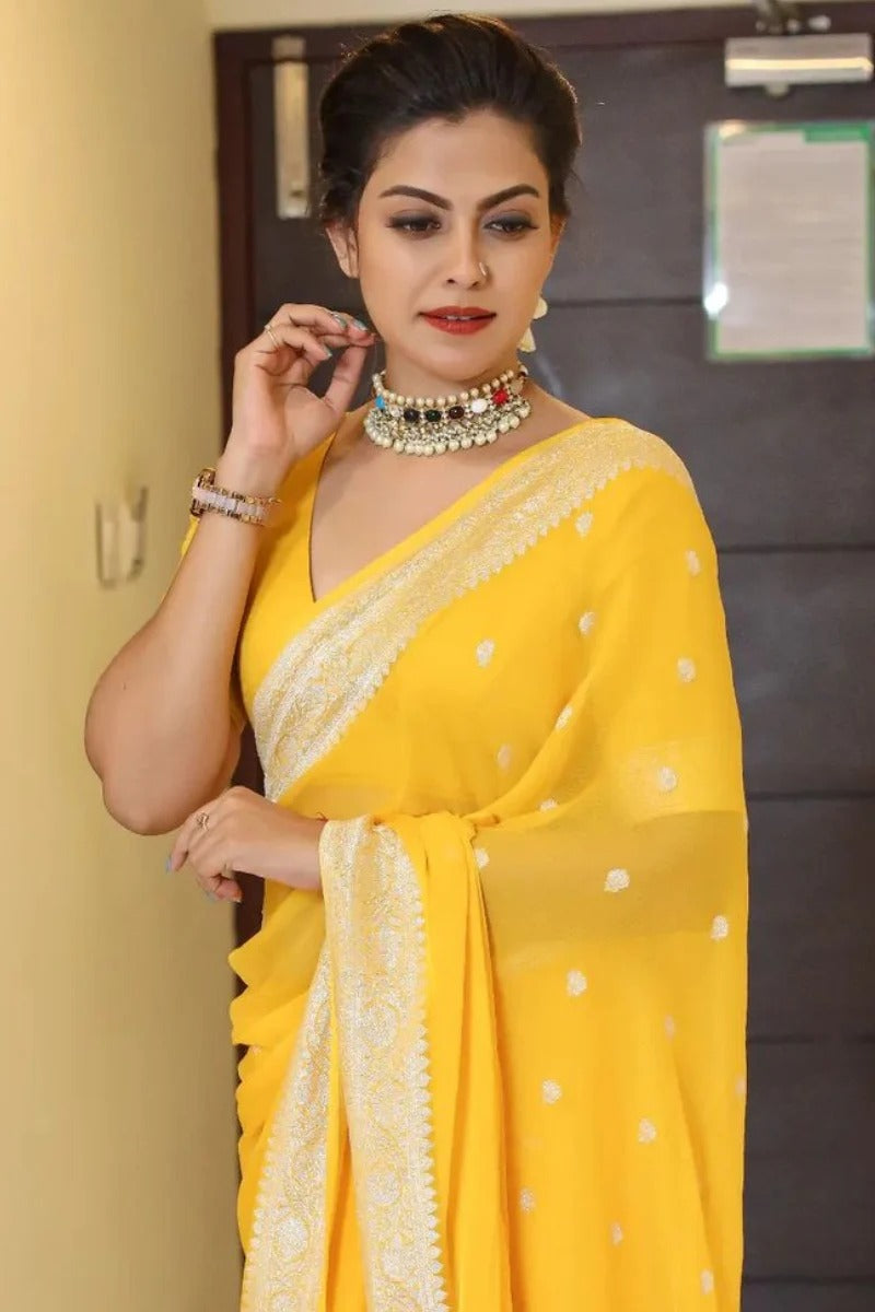 Samaira - Yellow Soft Silk Saree with Subtle Jacquard and Matching Blouse