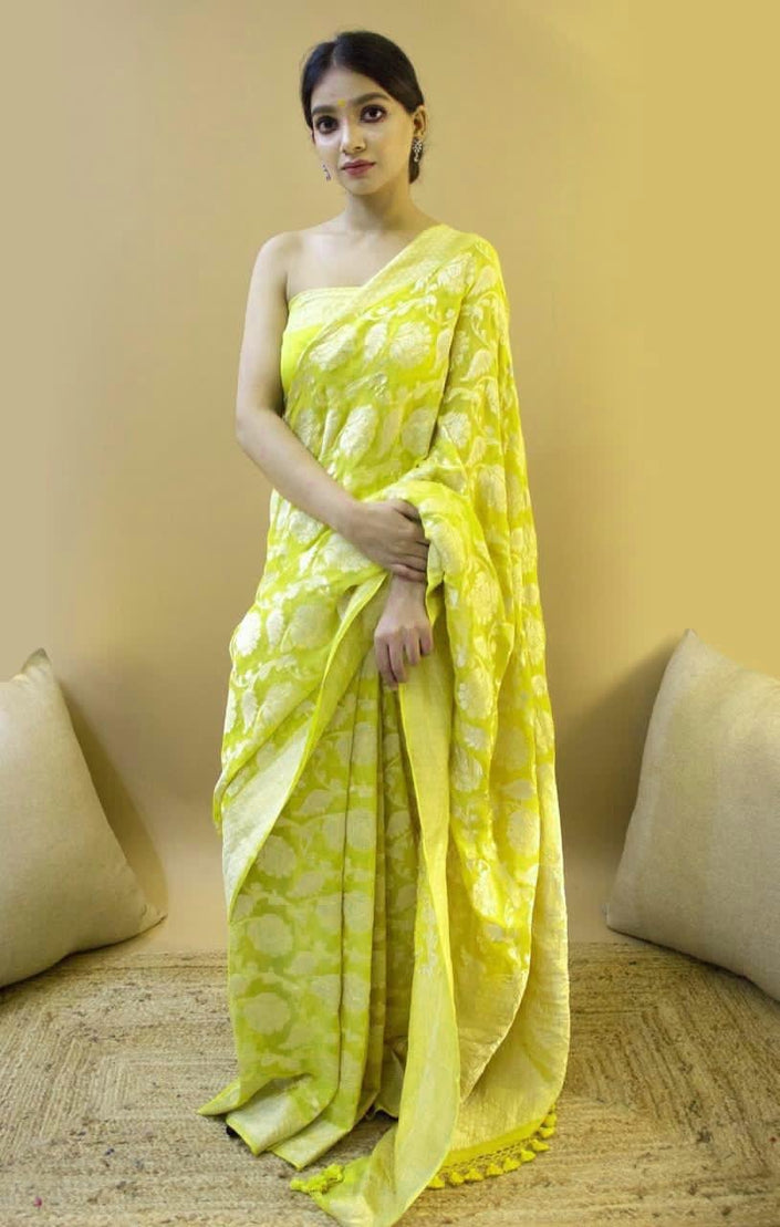 Devanshi - Yellow Soft Silk Saree with Self-Jacquard Weaving and Tassel Border