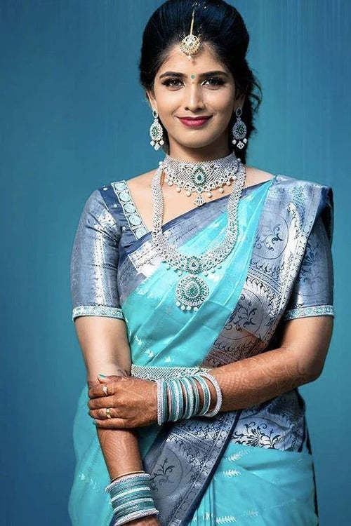Vedhika - Firozi Banarasi Silk Saree with Blue Zari Contrast