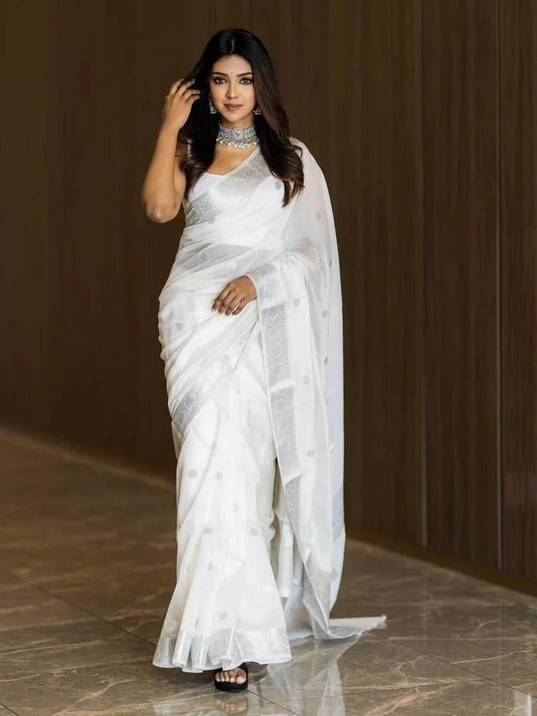Samaira - White Soft Silk Saree with Subtle Jacquard and Matching Blouse