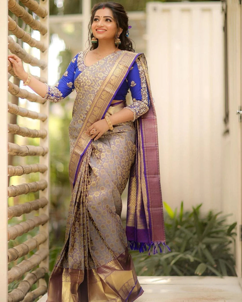 Annapurna - Grey Soft Silk Saree with Jacquard Work and Dual Blue Blouse Options