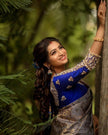 Annapurna - Grey Soft Silk Saree with Jacquard Work and Dual Blue Blouse Options