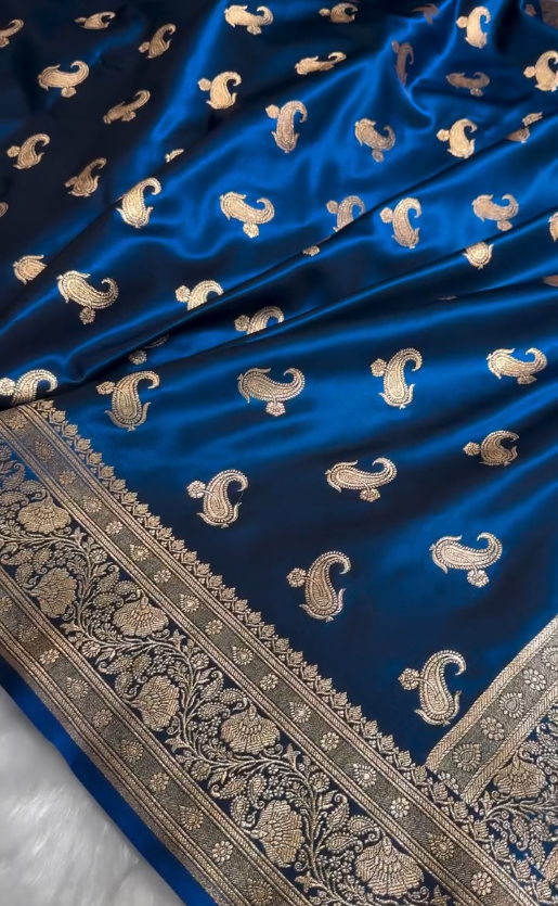Royal Navy Blue Banarasi Silk Saree with Antique Gold Zari Motifs & Rich Woven Border