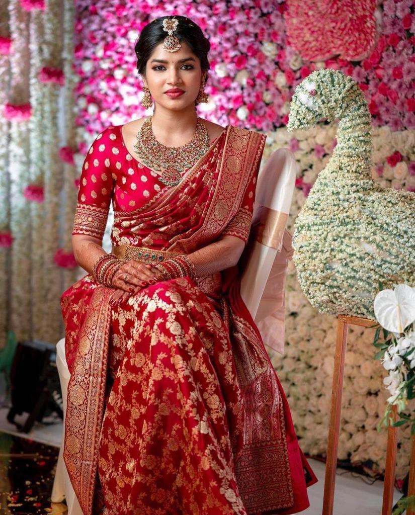 Vimala – Red Soft Silk Saree with Red Jacquard Blouse
